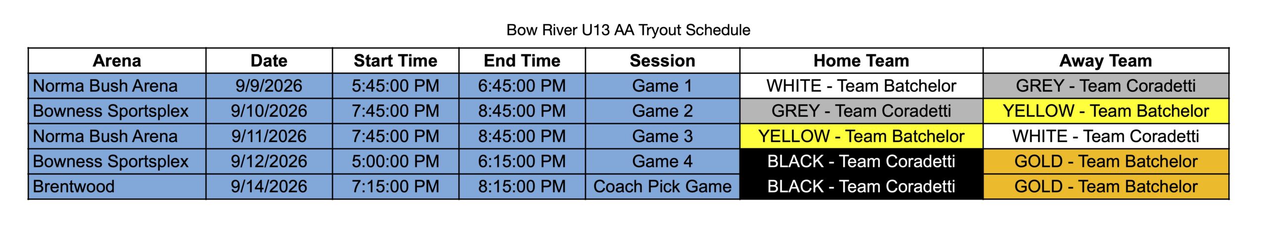 U13 AA Tryout Schedule